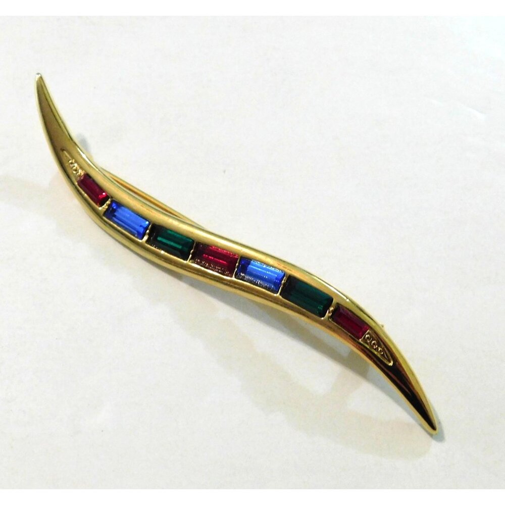Vintage Curved Bar Pin Brooch Multicolor Crystals Inlay Gold Tone 3.25 Inch